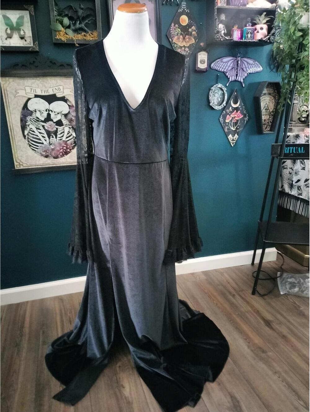 Gothic Black velvet dress with lace sleeves